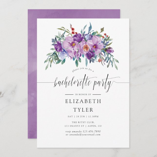 Purple Magnolias and Roses Bachelorette Party Invitation (Front/Back)