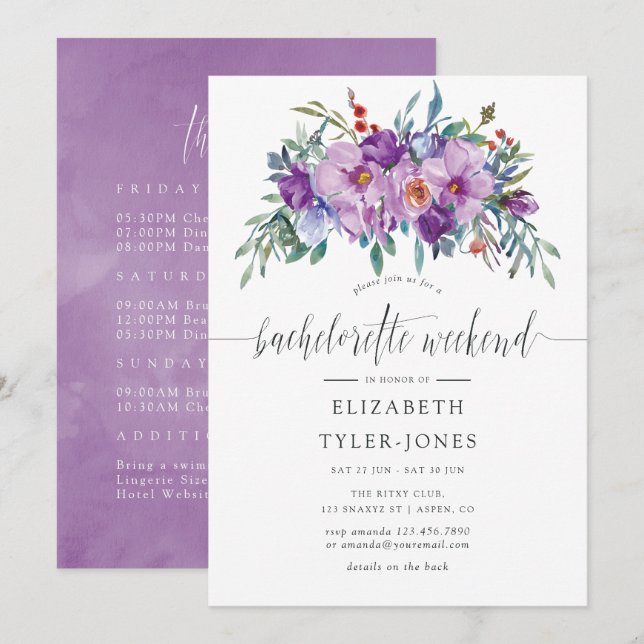 Purple Magnolias and Roses Bachelorette Weeekend Invitation (Front/Back)