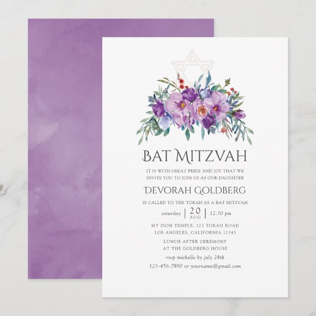 Purple Magnolias and Roses Bat Mitzvah Invitation (Front/Back)