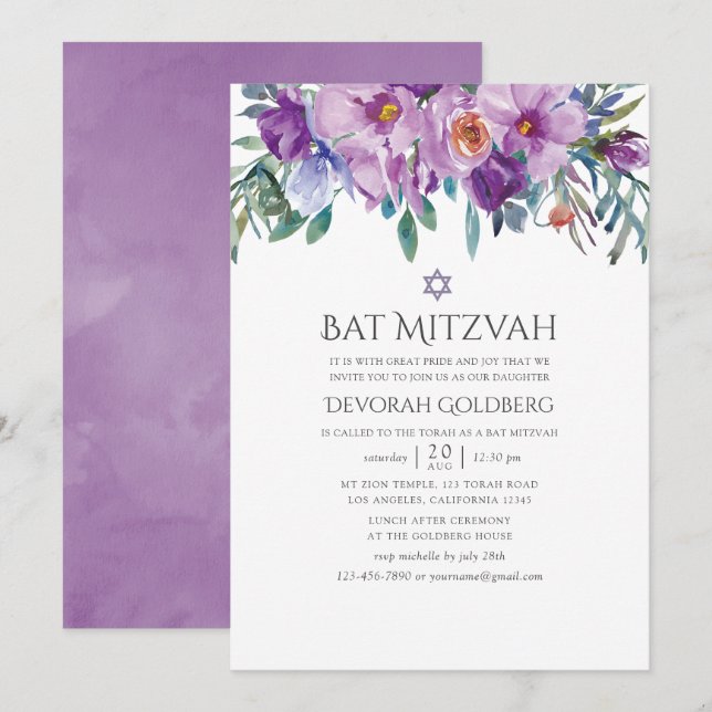 Purple Magnolias and Roses Bat Mitzvah Invitation (Front/Back)