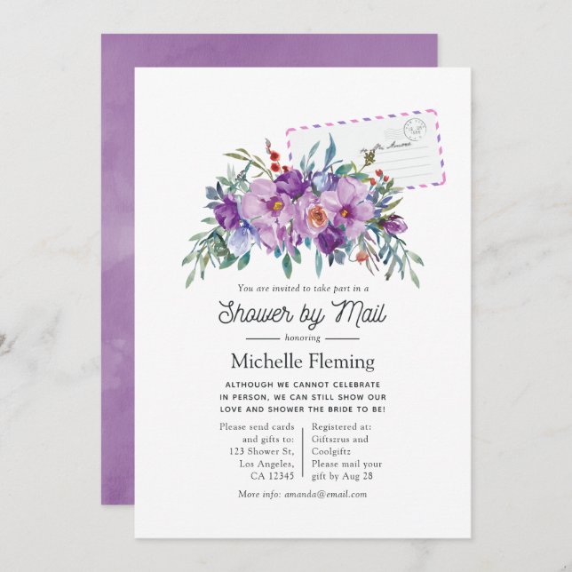 Purple Magnolias and Roses Bridal Shower by Mail Invitation (Front/Back)