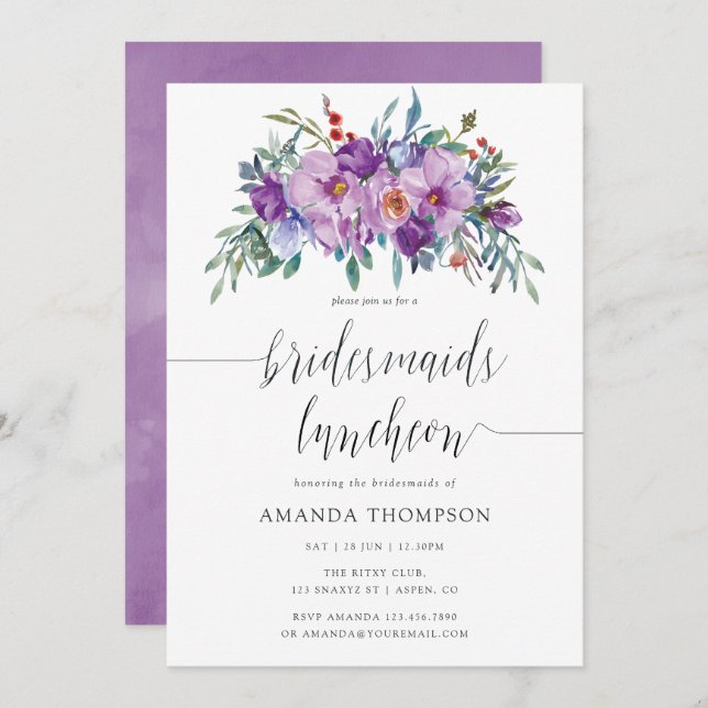 Purple Magnolias and Roses Bridesmaids Luncheon Invitation (Front/Back)