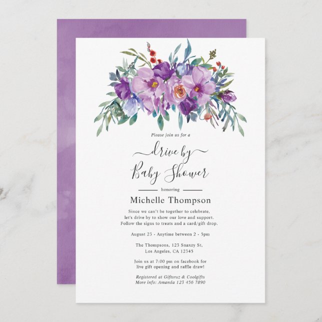 Purple Magnolias and Roses Drive By Shower Invitation (Front/Back)