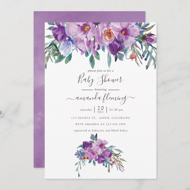 Purple Magnolias and Roses Watercolor Baby Shower Invitation (Front/Back)