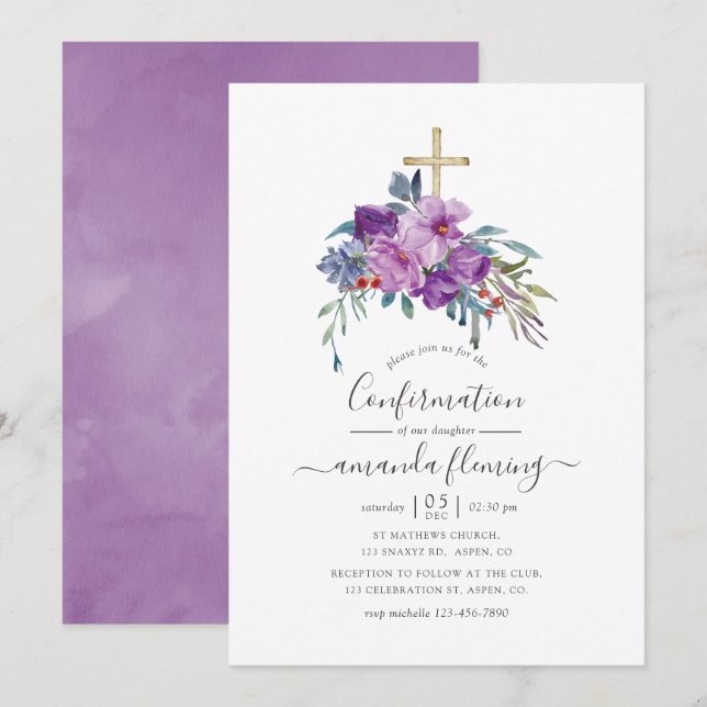 Purple Magnolias and Roses Watercolor Confirmation Invitation (Front/Back)