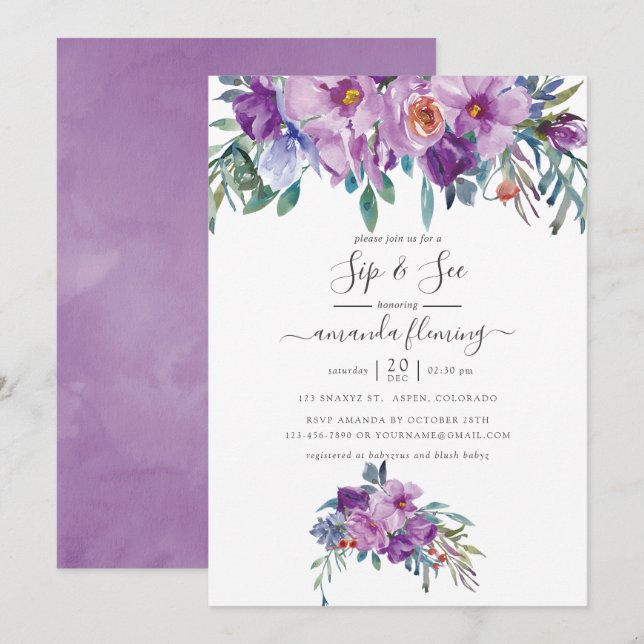 Purple Magnolias and Roses Watercolor Sip and See Invitation (Front/Back)
