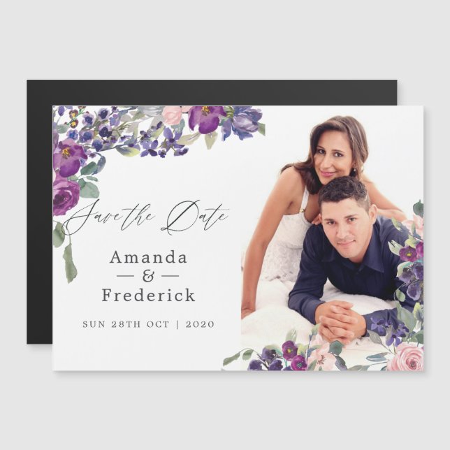 Purple Magnolias and Roses Wedding Save the Date Magnetic Invitation (Front/Back)