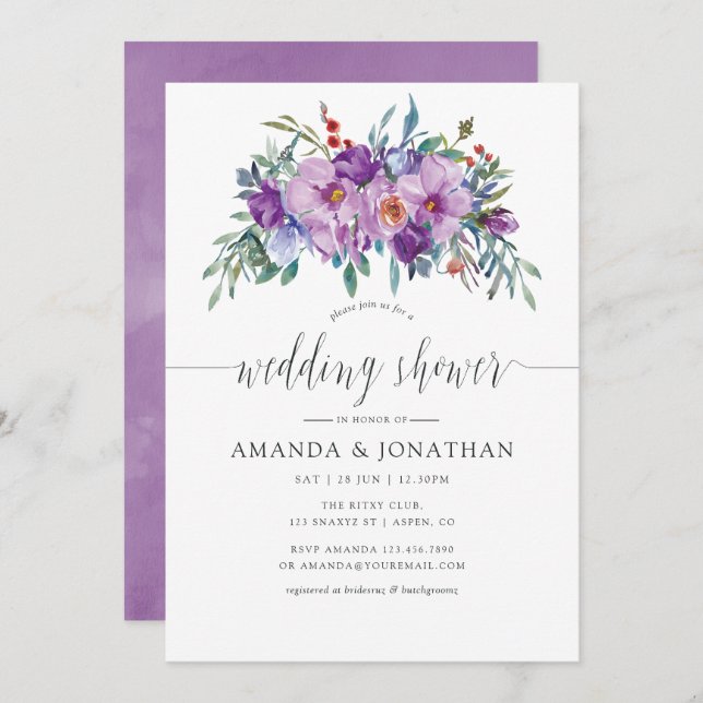 Purple Magnolias and Roses Wedding Shower Invitation (Front/Back)