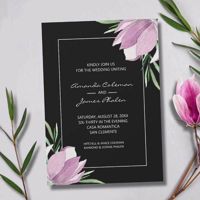 Purple Magnolias Watercolor Floral Wedding Invitation (Elegant purple and white magnolias wedding invitations - INSTANT DOWNLOAD and/or PRINTED)