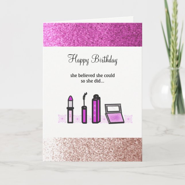 Purple Makeup Faux Glitter Birthday Card (Front)
