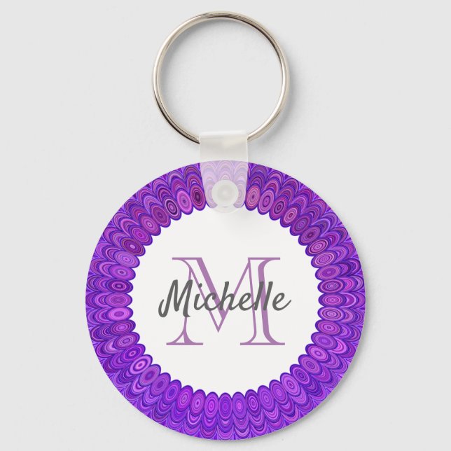 Purple Mandala Bird Feathers Monogram Key Ring (Front)