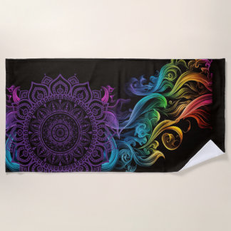 Purple Mandala Bold Black Colourful Chakra Beach Towel