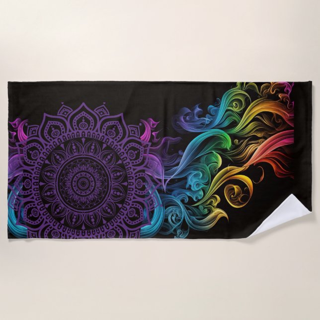 Purple Mandala Bold Black Colourful Chakra Beach Towel (Front)