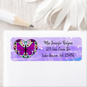 Purple Mandala Heart with Butterfly  Label Return Address Label