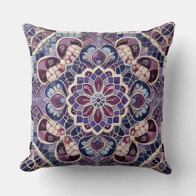 Purple Mandala Pattern: Tranquil Mosaic Art Cushion (Front)
