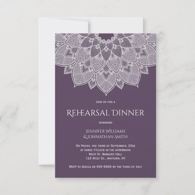 Purple mandala rehearsal dinner invitations (Front)