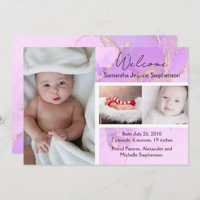 Purple Marble 3 Photo Girl Baby Birth Announcement (Front/Back)