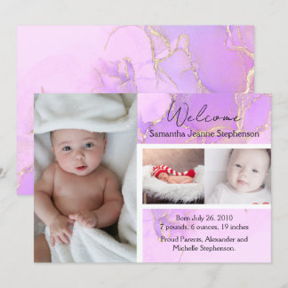 Purple Marble 3 Photo Girl Baby Birth Announcement