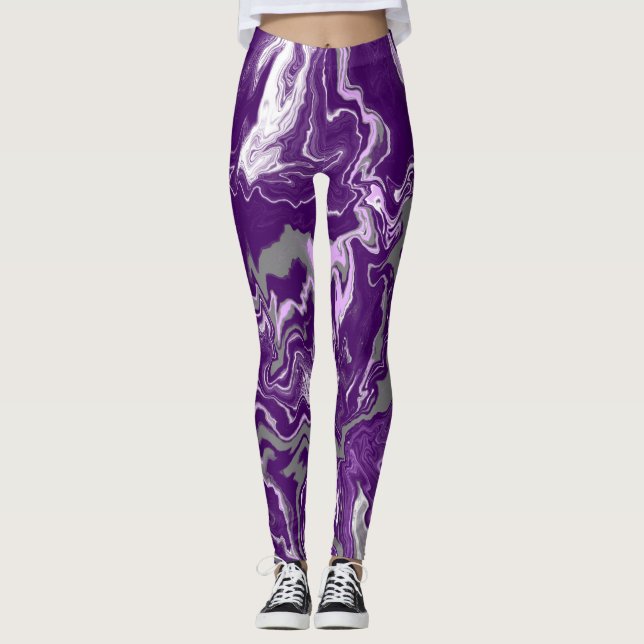 Purple Marble Fluid Art Marble Leggings (Front)
