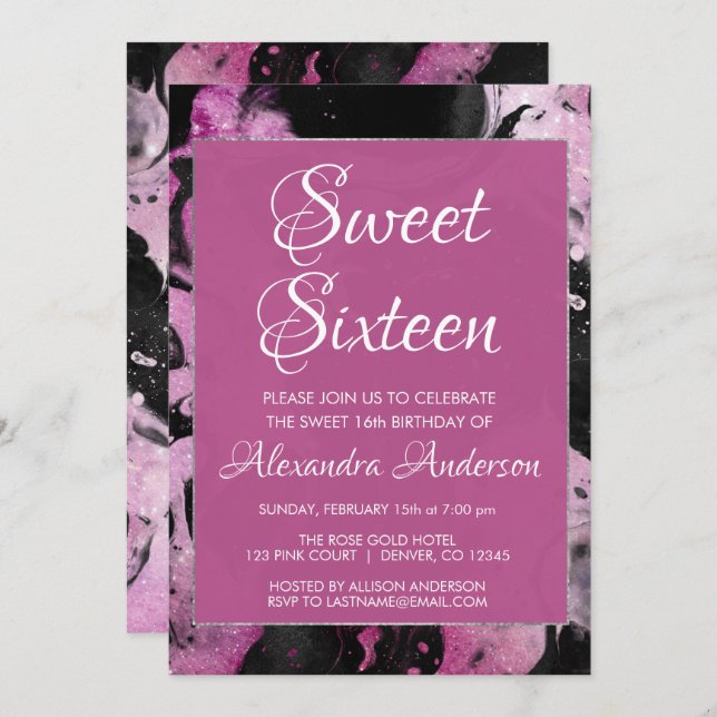Purple Marble Glitter Sparkle Sweet 16 Birthday Invitation (Front/Back)