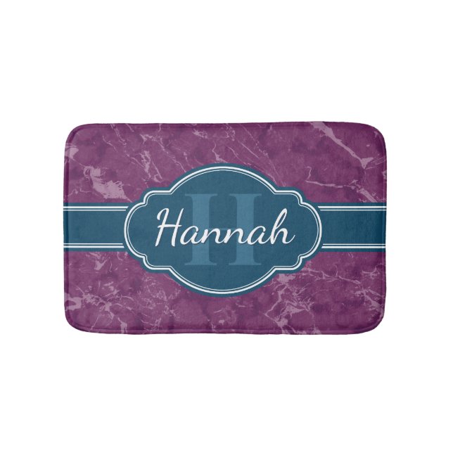 Purple Marble Pattern Teal Monogram Bath Mat (Front)