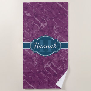 Purple Marble Pattern Teal Monogram Beach Towel