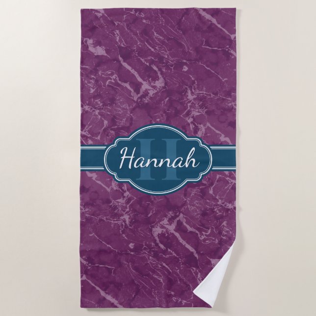 Purple Marble Pattern Teal Monogram Beach Towel (Front)