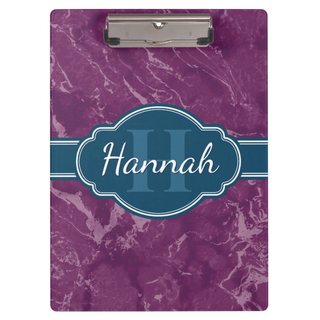Purple Marble Pattern Teal Monogram Clipboard (Front)