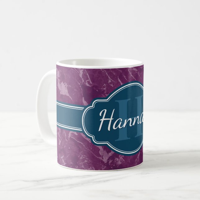 Purple Marble Pattern Teal Monogram Coffee Mug (Front Left)