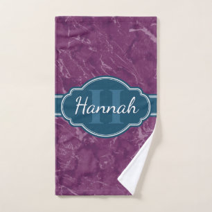 Purple Marble Pattern Teal Monogram Hand Towel