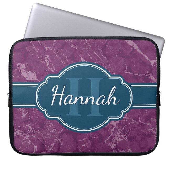 Purple Marble Pattern Teal Monogram Laptop Sleeve (Front)