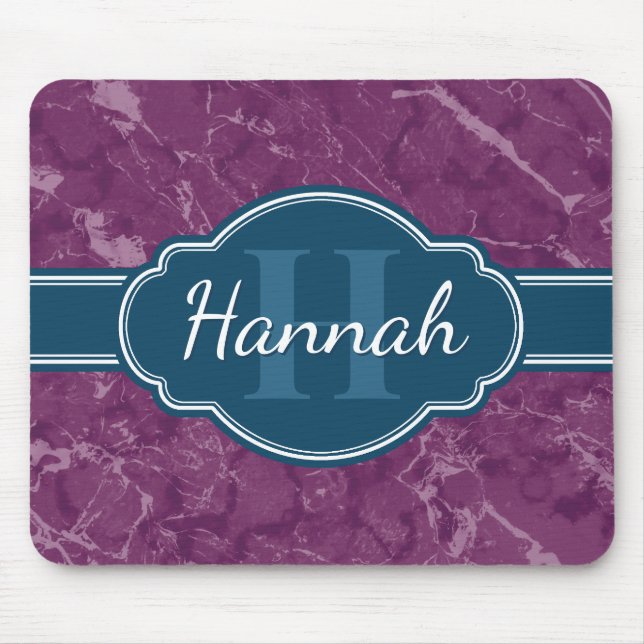 Purple Marble Pattern Teal Monogram Mouse Pad (Front)