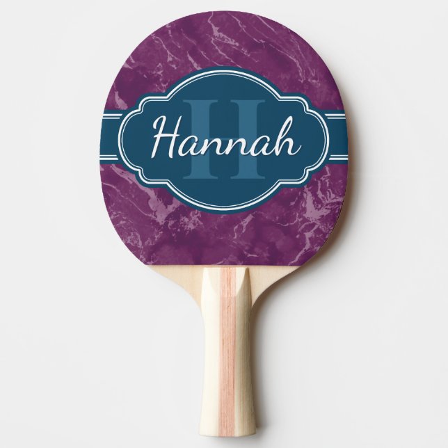Purple Marble Pattern Teal Monogram Ping Pong Paddle (Front)