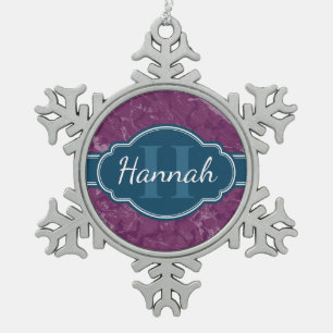 Purple Marble Pattern Teal Monogram Snowflake Pewter Christmas Ornament