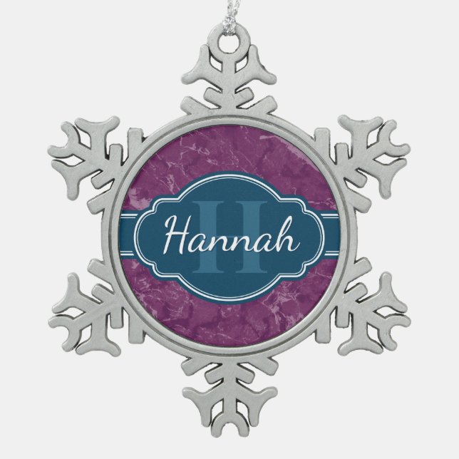 Purple Marble Pattern Teal Monogram Snowflake Pewter Christmas Ornament (Front)
