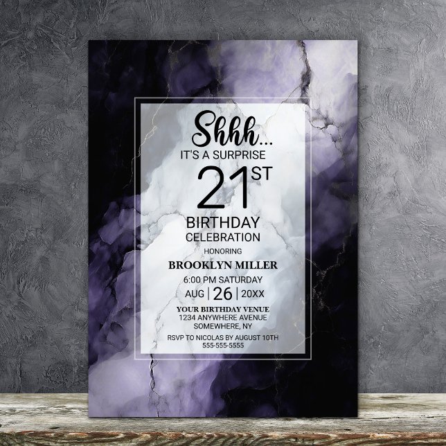 Purple Marble Surprise 21st Birthday Party Invitation (Creator Uploaded)