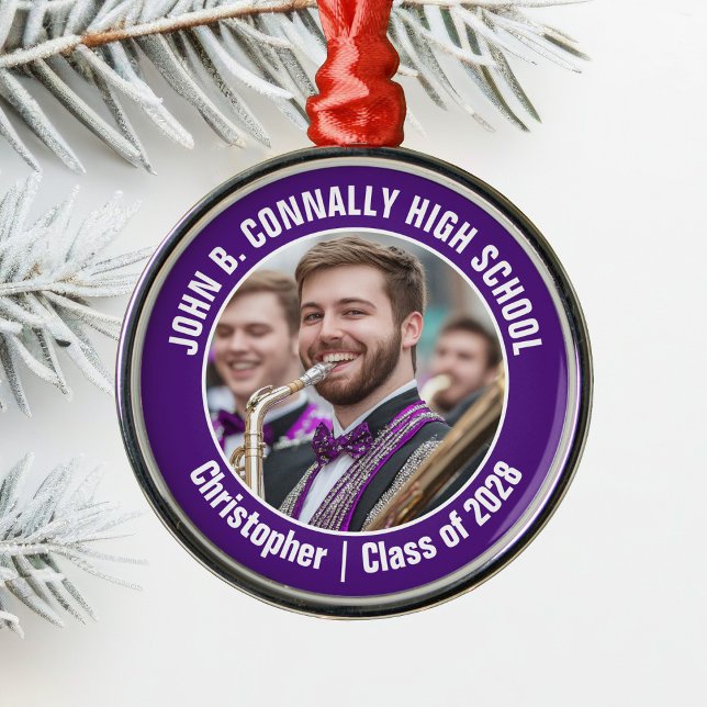 Purple Marching Band Photo High School Christmas Metal Ornament (Creator Uploaded)