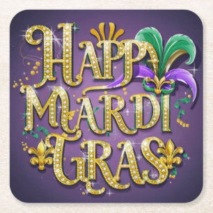Purple Mardi Gras "Happy Mardi Gras" Square Paper Coaster