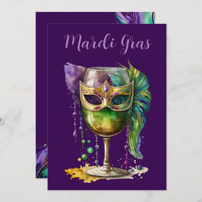 Purple Mardi Gras Mask  Invitation (Front/Back)