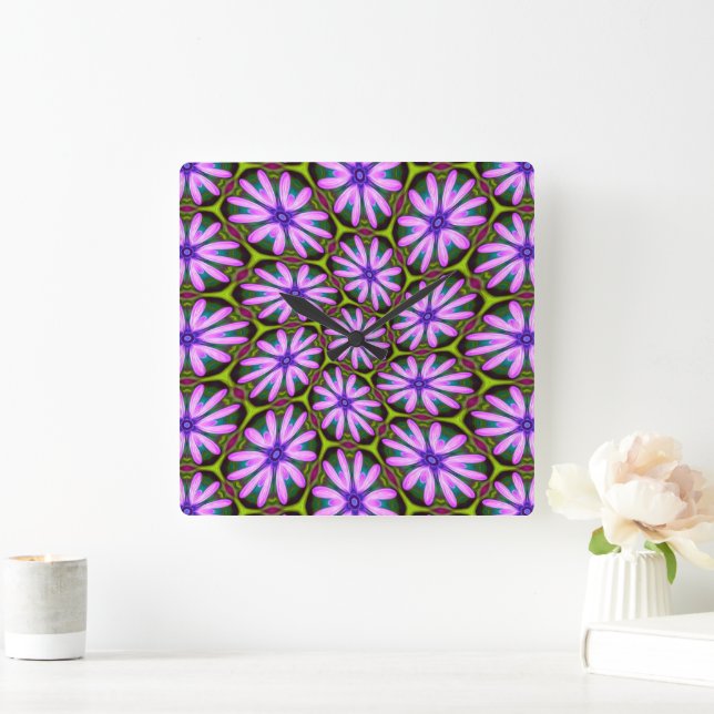 Purple Marguerite Patterns Square Wall Clock (Home)