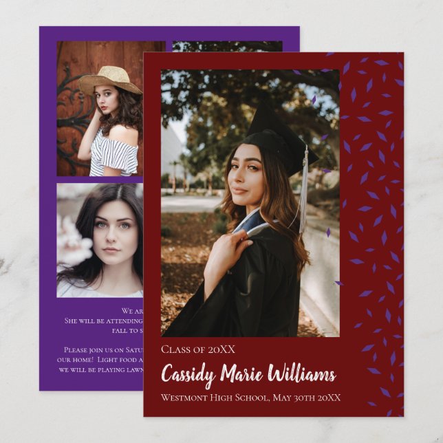 Purple Maroon Confetti Graduation Announcement (Front/Back)