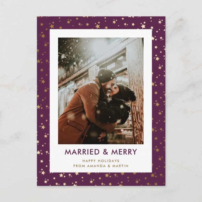 Purple Married and Merry Christmas Photo Postcards (Front)