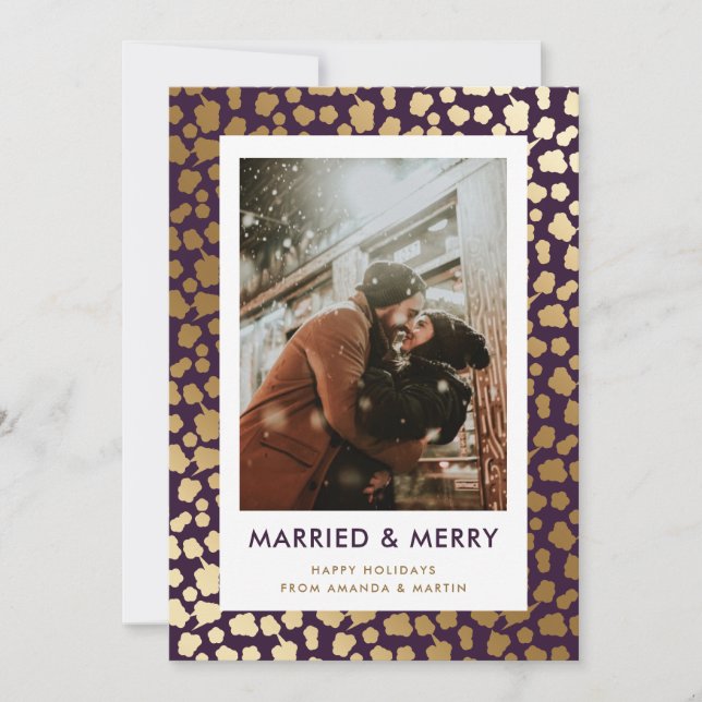Purple Married and Merry Newlywed Photo Holiday Card (Front)