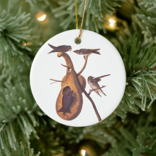 Purple Martin Audubon Bird Family and Gourd Home Ceramic Ornament