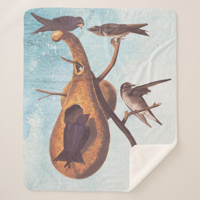 Purple Martin Audubon Bird Family and Gourd Home Sherpa Blanket (Front)