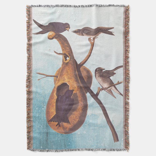 Purple Martin Audubon Bird Family and Gourd Home Throw Blanket (Front Vertical)