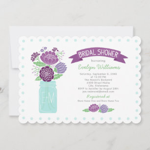 Purple Mason Jar Monogram Wedding Bridal Shower Invitation