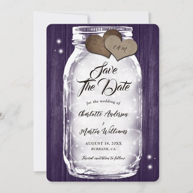 Purple Mason Jar String Lights Rustic Wood Wedding Save The Date (Front)