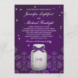 Purple Mason Jar with Fireflies Wedding Invitation