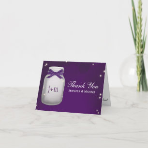 Purple Mason Jar with Fireflies Wedding Thank You Card